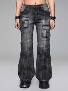 ROMWE Grunge Punk Jeans acampanados de talle súper bajo con remaches de metal desgastados para mujeres de talla grande - Gris - Ver 4