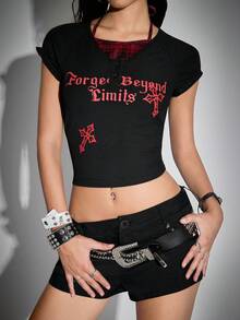 Bloopia Women's Fashion Letter Print Plaid Patchwork 2 In 1 Cropped Top, Grunge Graphic Streetwear Y2k, Red And Black, Summer, Punk, Rock Concert Night Out - Black - View 7