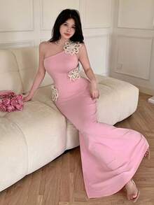 Modelyn Đầm đi nghỉ mát màu hồng dành cho nữ, cổ lệch bất đối xứng, họa tiết hoa, thích hợp cho mùa xuân/hè. - Hồng - Xem 4