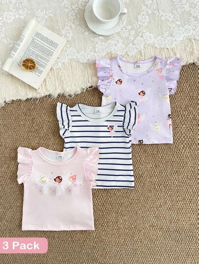SHEIN 3pcs/Set Colorful Heart Striped Print Ruffle Hem Round Neck T-Shirt, Soft & Comfortable Casual Cute Spring/Summer New Arrival