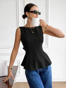 Blusa sin mangas con lazo y diseño a cuadros para vacaciones de mujer - Negro - Ver 5