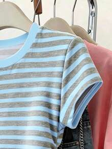 少女蓝灰条纹数码印花褶皱腰圆领短袖T恤，经典条纹，甜美清新，百搭，适合夏季，个性化T恤，春日气息，夏日氛围，春夏穿搭，舒适休闲，时尚女孩套装，休闲装，儿童花卉图案服装，春夏套装，新款，轻松惬意，春日休闲夏日假期 - 彩色 - 查看 5