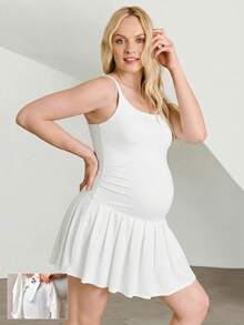 GLOWMODE Maternity Sporty Knit Seamless Sweat-Wicking Sun-Protective Removable Cups Adjustable Straps Pleated Tennis Dress With Built-In Shorts Daily Casual Wear - White - View 1