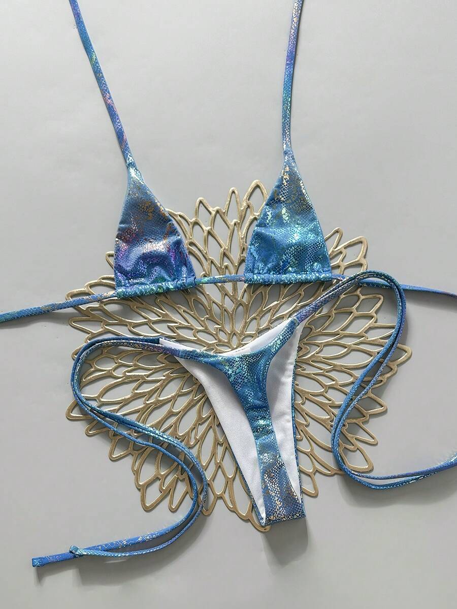 Swim Vcay Swim SXY 两件套/组 蛇纹挂脖三角比基尼上衣和侧系带丁字裤性感泳衣套装，春夏款 - 藍色 - 查看 1