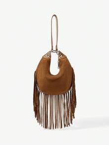 Maija Ladies, Women Shoulder Bag, Hobo Bag, Top Handle Bags, Tassel, Retro, Rivets, Vintage, Fashionable, Elegant, Simple, Personalized, Versatile, Classic, For Commute, Office, Date, Daily, Shopping, Afternoon Tea - red brown - View 4