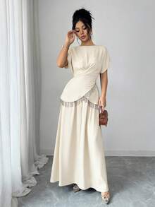 Rafferiza 女士优雅流苏交叉缎面短袖衬衫 - 杏色 - 查看 5