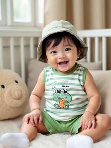 SHEIN Conjunto de top de tirantes a rayas con diseño de rana y pantalones cortos para bebés/niños pequeños, para verano - Verde - Ver 1