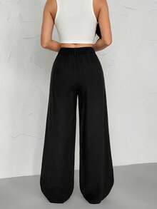 SHEIN PETITE Ladies' Solid Color Simple Everyday Casual Trousers - Black - View 2