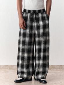 SWAVVY Men's Plaid Drawstring Waist Casual Loose Fit Wide Leg Pants, Versatile For Daily Wear - Black - View 1