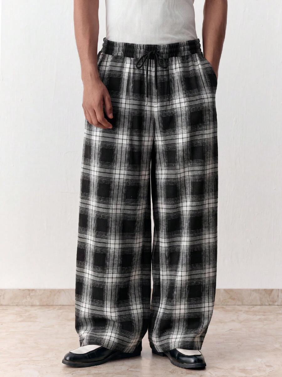 SWAVVY Men's Plaid Drawstring Waist Casual Loose Fit Wide Leg Pants, Versatile For Daily Wear - Black - View 1
