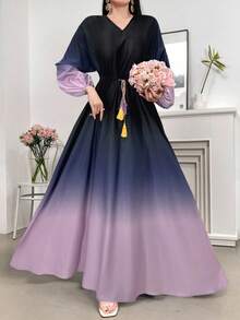 Modelyn Atasan Wanita Lengan Panjang Elegan dengan Leher V dan Warna Gradien, Cocok untuk Musim Panas - Hitam - View 8