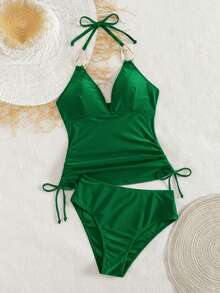 Swim Chiccia Tankini elegante y de moda para damas con cuello en V de metal negro, cordón arrugado, para la playa y festivales de música, primavera/verano - Verde - Ver 6