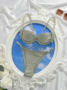 Swim Chiccia 女士棕色编织肩带钢圈性感比基尼泳衣，适合海滩度假，夏季泳装比基尼套装，两件套，聚拢型泳衣，女士比基尼套装泳装 - 綠色 - 查看 3