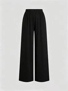 Sweetra Women's New Fashion Versatile Solid Color Asymmetrical Shoulder Cinched Waist Top + Long Pants 2 Pieces Set - Black - View 5