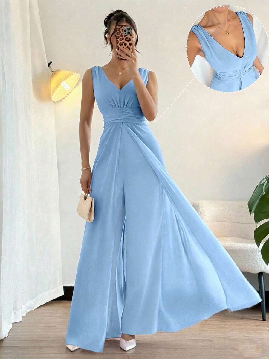 Rafferiza Bộ jumpsuit ống rộng bằng chiffon đính ngọc trai, cổ chữ V, eo xếp ly, thanh lịch, thích hợp làm trang phục dự tiệc cưới, màu tím. - Màu xanh nhạt - Xem 1