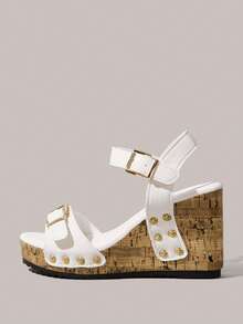 Styleloop Europäischer & amerikanischer Stil braune High Heel Sandalen, Sommer offene Zehe Spitze Hohlmuster Urlaubs Pantoffeln, Slides Outdoor Keilplattform Sandalen für Frauen Frühlingssschuhe Frühlingsferien Ostern - Weiß + Sandalen - View 3