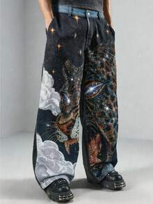Street Life Men's Tiger Rhinestone Embellished Casual Versatile Daily Wear Distressed Denim Jeans - Blue - View 7