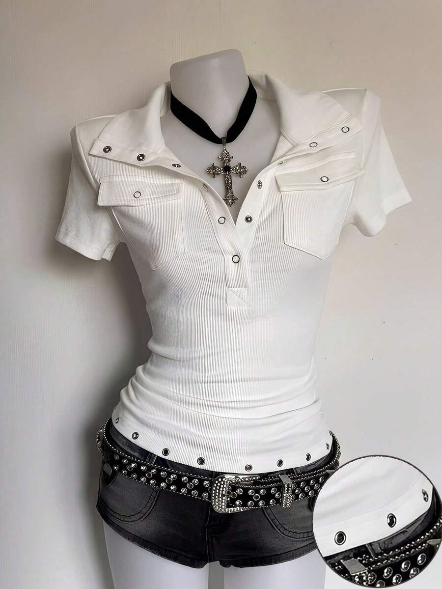SHEIN Attitoon Women's Fashionable Hip Hop Pleated Pocket Short Sleeve T-Shirt - White - View 1