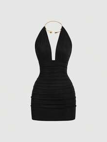 Sweetra Vestido ajustado de Body con cuello en V y diseño de gargantilla metálica, negro, primavera/verano - Negro - Ver 1