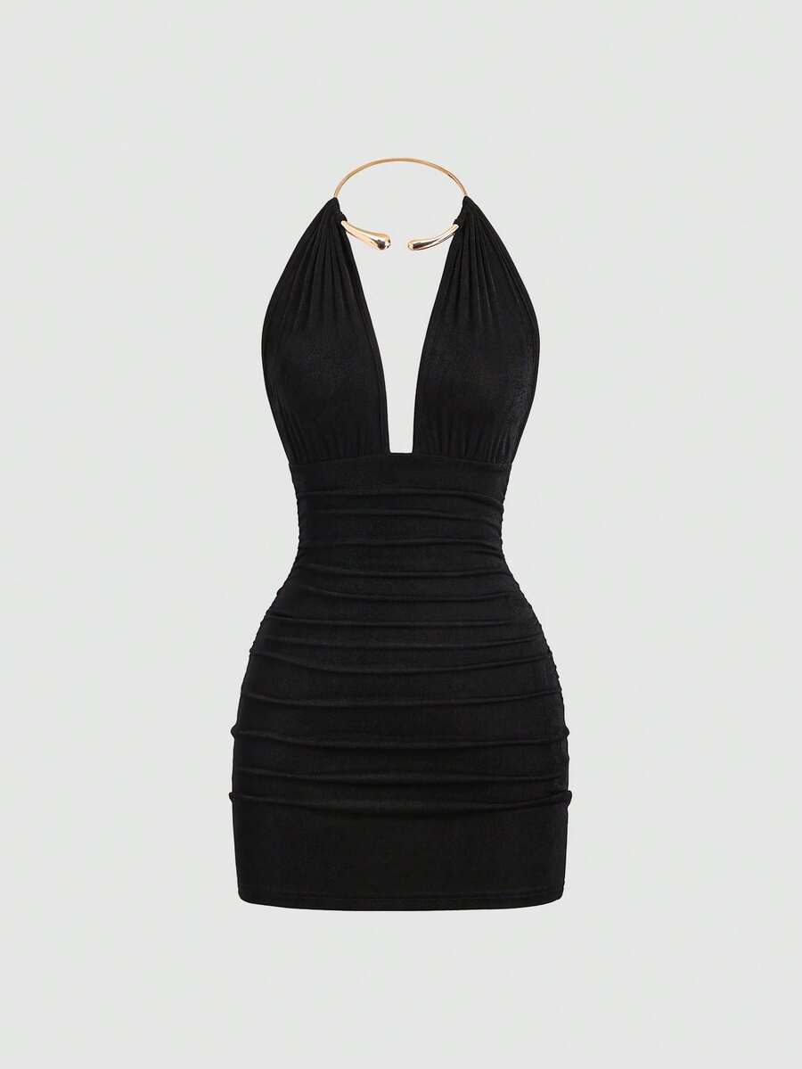 Sweetra Vestido ajustado de Body con cuello en V y diseño de gargantilla metálica, negro, primavera/verano - Negro - Ver 1