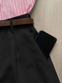 SHEIN Raffinéa Conjunto de 2 piezas para mujer con bloque de color contrastante, rayas, cuello de solapa y pliegues en la cintura, de manga corta - Rojo - Ver 3