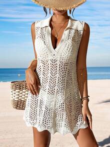 SHEIN Swim Women's Solid Color Sleeveless V-Neck Hollow Out Casual Beach Cover-Up Summer - Apricot - View 3