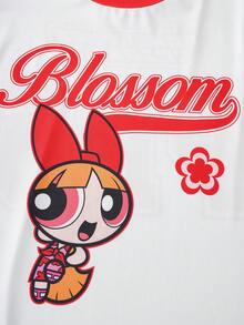 THE POWERPUFF GIRLS X SHEIN 大码夏季休闲字母卡通图案圆领短袖T恤 - 紅白色 - 查看 4