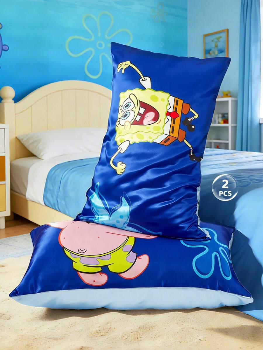 SpongeBob SquarePants | SHEIN 2pc Cartoon Satin Pillowcase, Made Of Soft Satin Material, Gentle On Hair, Breathable And Cool, Available In Multiple Sizes, Machine Washable - Royal Blue - View 1
