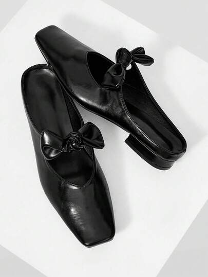 Mnmlis Summer New Leather Square Toe Low Vamp Bow Flat Shoes Women's Sweet Shoes