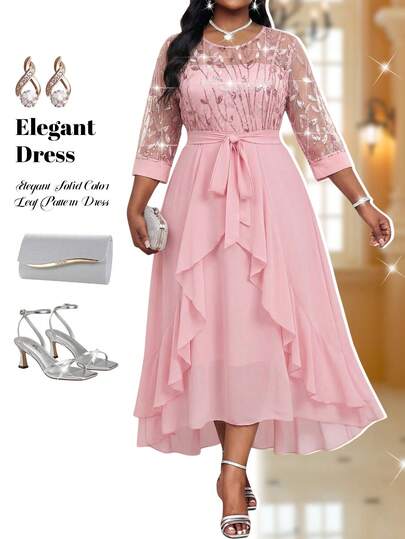 Fleurora Đầm dự tiệc cỡ lớn sang trọng đính sequin thêu lưới phối nhiều lớp