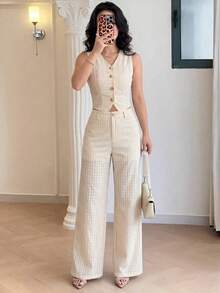 Modelyn Women's Elegant Sexy Commuter Golf Vest And Pants Set White Summer - Khaki - View 4
