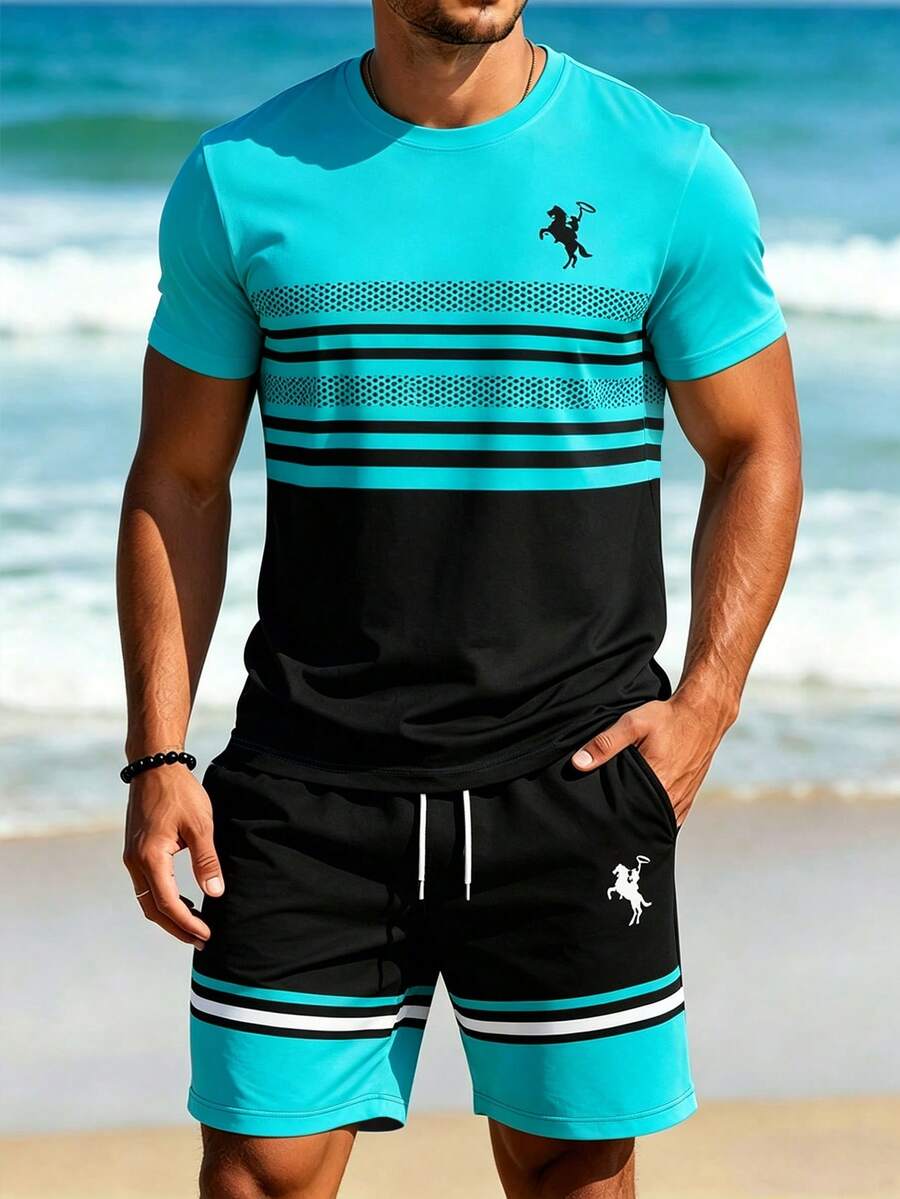 Genlund Conjunto de Camiseta de Manga Curta e Shorts com Estampa Equestre em Contraste Azul Lago e Preto, Conjunto Esportivo Casual de Verão para Férias - Multicolorido - Visão 1