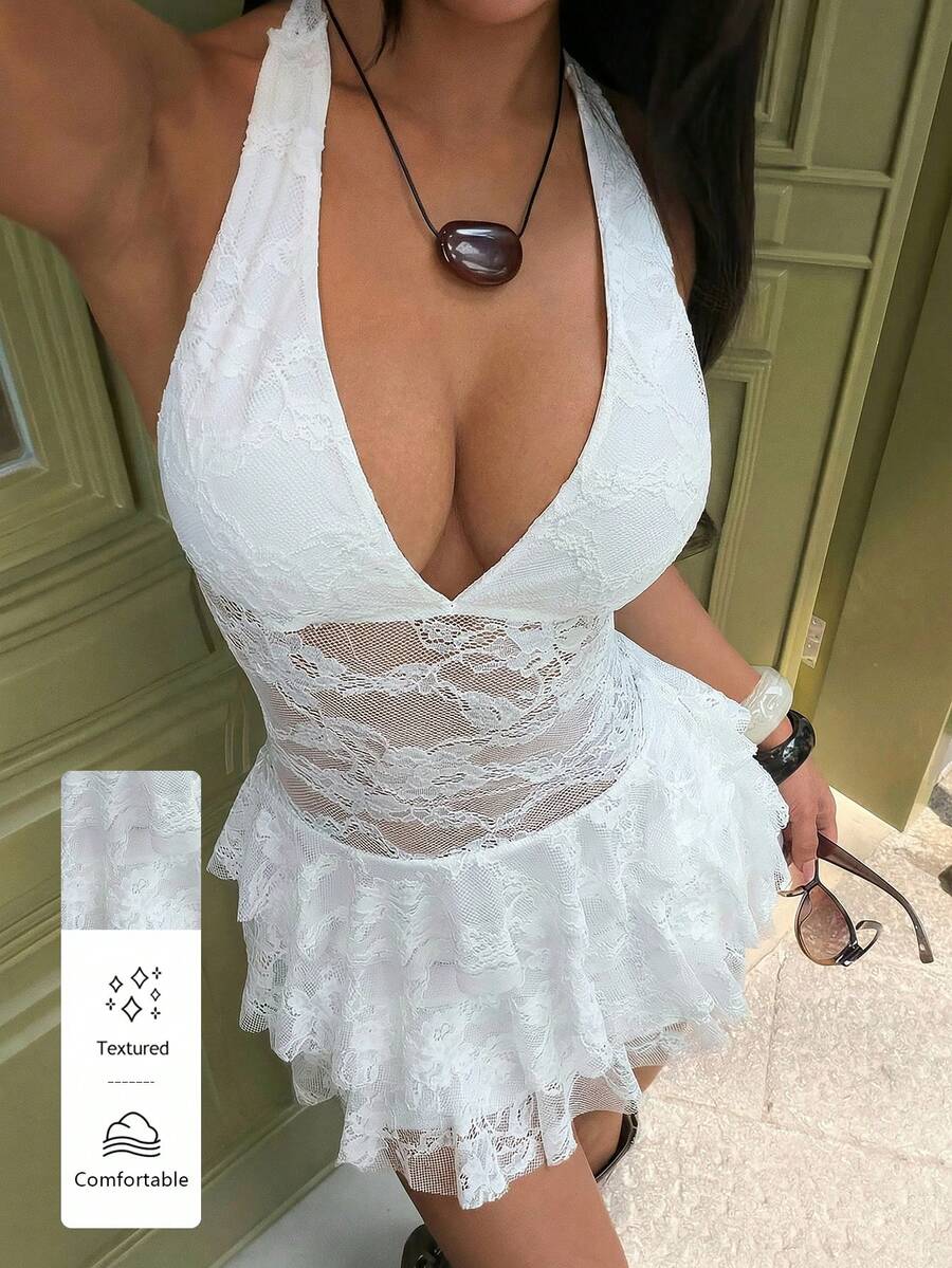 FavEase Đầm ren phối nhiều mảnh khoét cổ chữ V sâu gợi cảm dành cho nữ - trắng - Xem 1