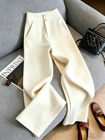 SHEIN Franclia Pantaloni drepți casual de culoare solidă, potriviți pentru afaceri, naveta, purtare zilnică, plajă, vacanță, cumpărături, ținută elegantă și romantică, stil universitar, pantaloni de caisă pentru femei, pantaloni crem pentru femei, pantaloni albi pentru femei, pantaloni eleganți business casual pentru femei, pantaloni albi de in, pantaloni coreeni pentru femei, pantaloni largi, pantaloni de femeie, pantaloni business casual, pantaloni de femei, stil coreean, pantaloni crem
