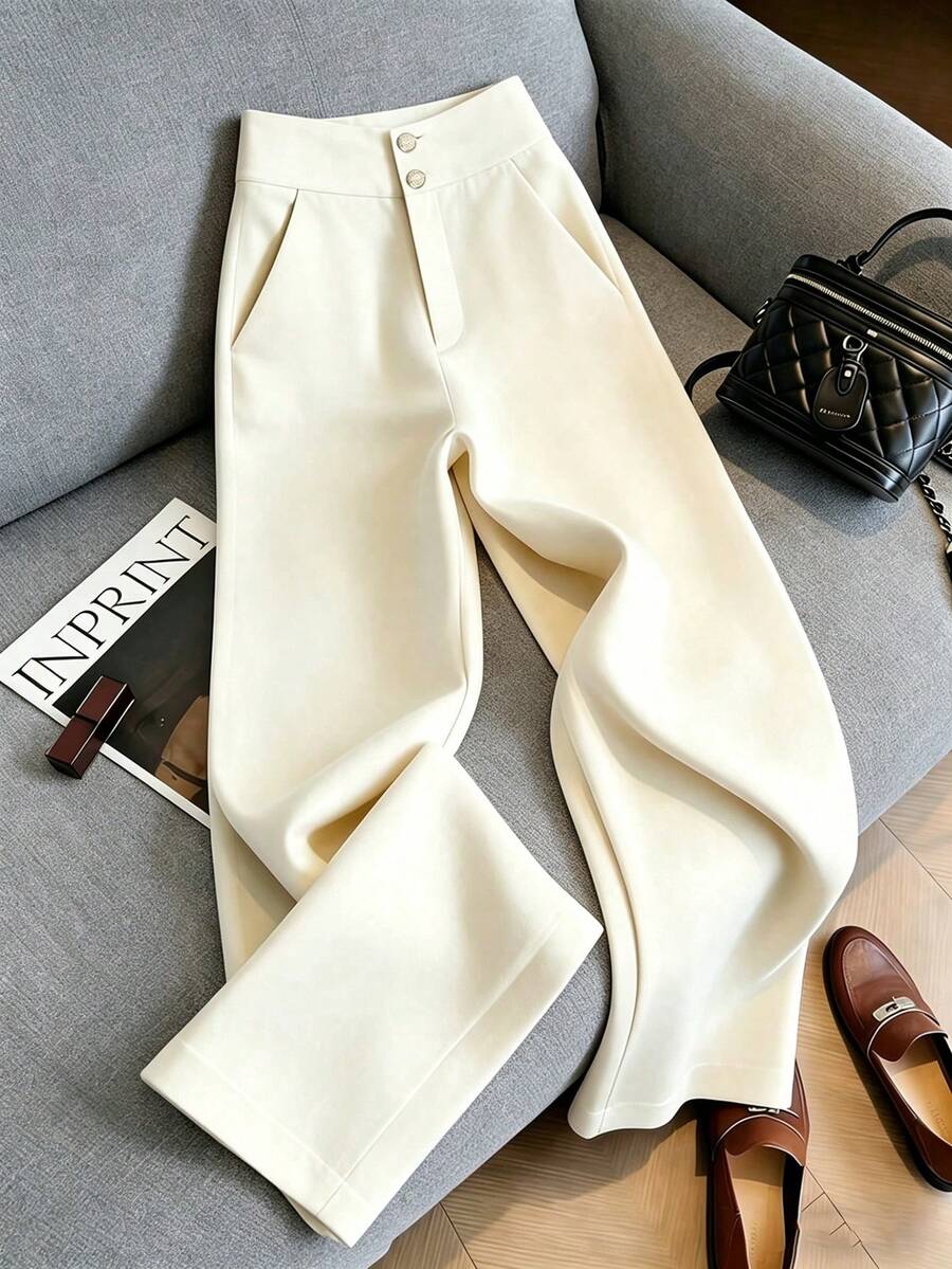 SHEIN Franclia 纯色休闲直筒裤,适合商务、通勤、日常穿着、海滩、度假、购物等场合,优雅浪漫,学院风女装杏色长裤,米色女裤,白色女裤,优雅商务休闲女裤,白色亚麻裤,韩版女裤,阔腿裤,商务休闲女裤,韩版女裤,米色长裤 - 杏色 - 查看 1
