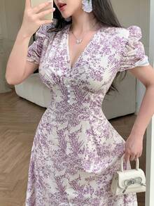 Modelyn Women's Fitted Dress With Cross Neckline Decor, Pearl Button And Puff Sleeves - Purple - View 5