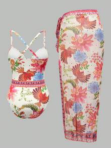 Swim Oasis 女士夏季沙滩度假鹦鹉印花交叉露背连体泳衣和裹身系带纱笼裙套装 - 彩色 - 查看 2
