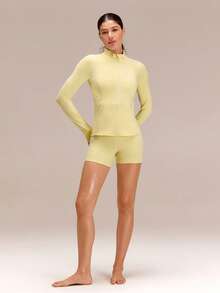 GLOWMODE FeatherFit™ Slim-It Streamline Performance Secure Pockets Zip Up Long Sleeve Jacket Low Impact Yoga Daily Fall - French Vanilla - Xem 5