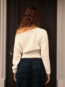 juhmazzocco 白色斜肩领女士休闲短款针织套头毛衣，秋冬女装 - 白色 - 查看 2