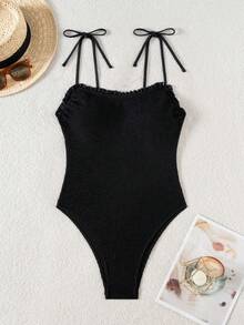 Swim Chiccia 1 件女士优雅荷叶边吊带褶皱连体泳衣 - 黑色 - 查看 2