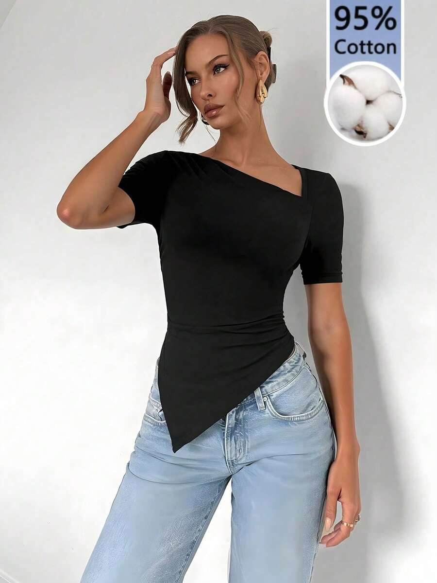 Rafferiza Women's Casual Solid Color Asymmetric T-Shirt - Black - View 1