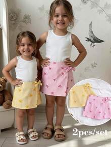 SHEIN LMoss Kids Young Girl Bow Embroidered Wrap Casual Shorts For Summer - Multicolor - View 9
