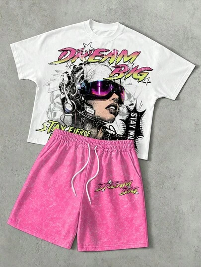 Manfinity EMRG Men's White & Pink Contrast Cyberpunk "Dream Big" Print 2-Piece Set: Loose Short Sleeve T-Shirt + Acid Wash Drawstring Shorts, Summer Casual Holiday Music Festival Street Style Outfit