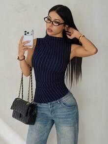 SHEIN PETITE Áo nữ kẻ sọc, kiểu dáng thường ngày, đa năng. - Màu xanh hải quân - Xem 6