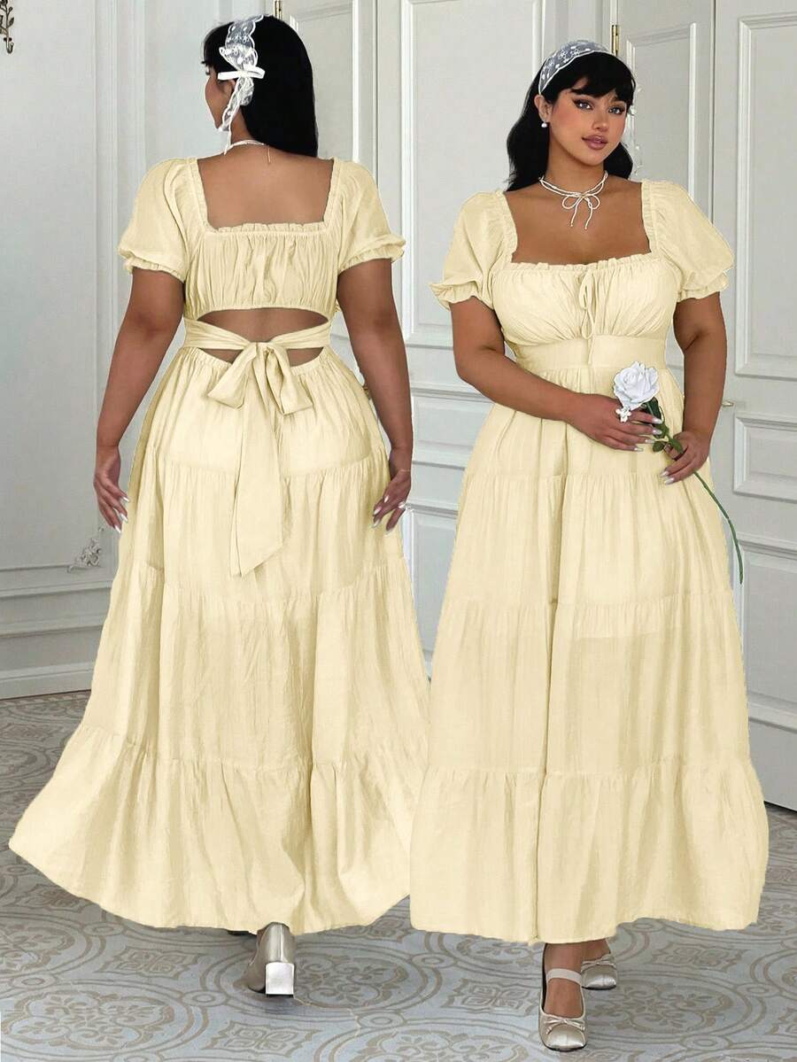Lyrianda Plus Size French Ruffle Bow Tie Waist Spring/Summer Regular Dress Tea Party Vacation White Cottagecore - Apricot - View 1