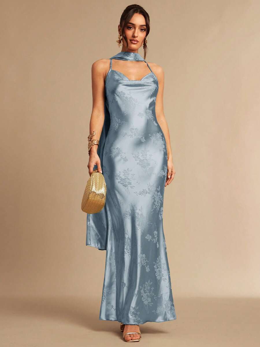Silquee Đầm satin jacquard hở lưng kiểu đan chéo dành cho nữ, thích hợp cho mùa xuân và mùa hè. - Màu xanh lam - Xem 1