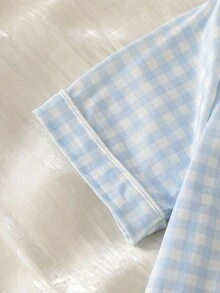 2件組青少年女孩藍白條紋夏季可愛居家睡衣套裝，翻領短袖上衣與短褲，格紋櫻桃印花 - 藍白色 - 查看 7