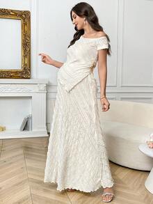 SHEIN This Maternity Two-Piece Set, Featuring An Asymmetrical Neckline Top And Skirt In An Apricot-Colored Textured Fabric, Is Perfect For Pregnant Women Attending Parties, Luxurious Gowns, Weddings, And Other Occasions. An Elegant Summer Two-Piece Maternity Set. - Beige - View 9