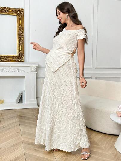 SHEIN 孕妇夏季休闲沙滩度假纯色纹理面料不对称领口上衣和半裙两件套