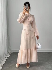 Feyla 女式优雅3D花卉装饰灯笼袖连衣裙 - 粉色 - 查看 6